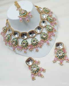 FANCY ANTIQUE TRADITIONAL MOTIPEARL & MINAKARI <b>GOLD</b> TONE KUNDAN PEARL CHOKER NECKLACE EARRINGS <b>SET</b> WITH MANGTIKKA WOMEN and GIRL - Product Image 1