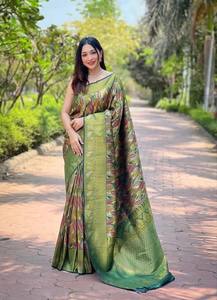 Traditional Kanchipuram Silk Sarees Pure Handloom Wedding Wear South Indian Bridal <b>Saree</b> Zari Border SAURYA LIFE STYLE <b>Blouse</b> - Product Image 5