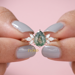 Pear Cut Moss Agate <b>Ring</b> 18K Gold Luxury Floral Engagement <b>Ring</b> Green Moss Agate <b>Fine</b> Jewelry Statement <b>Ring</b> - Product Image 3