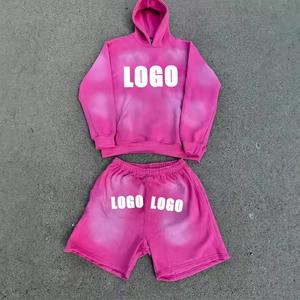 Sudaderas con capucha personalizadas al por mayor, chándales con cremallera, pantalones cortos para correr y sudadera, conjunto recortado de sudadera desteñida al sol, Conjunto de sudadera de lavado para hombres - Product Image 1