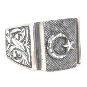 Men's 925 Sterling <b>Silver</b> <b>Ring</b> with Crescent Moon and Star Design Rectangular Stone Islamic Religious Symbol for Gift - Product Image 2