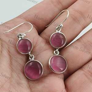 Boucles d'oreilles pendantes en pierre rose Monalisa, argent sterling 925, faites à la main - Product Image 3
