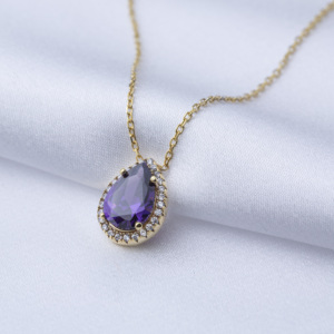 Elegante Collar con Colgante de Piedra Amatista en Forma de Pera, Diseño Moderno, Hecho a Mano en Plata de Ley 925, Joyería para Compromiso y Boda - Product Image 2