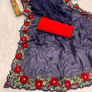 Sari Georgette azul con secuencia y trabajo de hilo de bordado múltiple Estilo pakistaní Ropa de boda y fiesta - Product Image 1