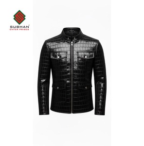 Veste en cuir noir pour homme, faite à la main, effet croco |   Style Safari Field Moto |   Veste en peau de mouton véritable | Cadeau pour lui - Product Image 1