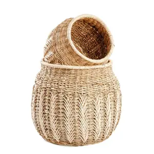 Customize water hyacinth storage basket for sale woven water hyacinth straw seagrass storage basket