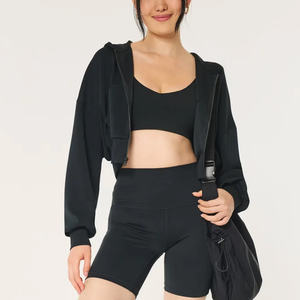 Cuello alto, cremallera, corto, sudaderas con capucha para mujer, Top corto con capucha y cremallera, sudadera informal de invierno de punto de gran tamaño recortada - Product Image 2