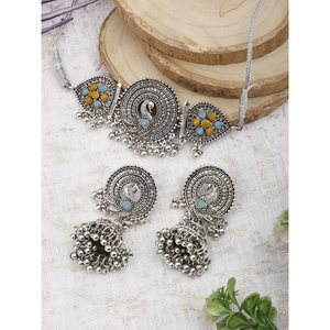 GS Peacock <b>Choker</b> with Turquoise SkyBlue Flower and Yellow for Party Occasions - Product Image 1