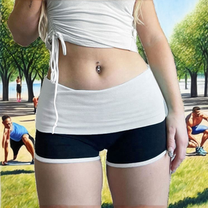 American Breathable Streetwear Drawstring Hot Booty Skinny High Waist Satin Workout Shorts Color Block Contour Seam Sexy Gym - Product Image 2