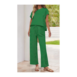 Trendy Lounge Sets for Women Two Piece Cotton Outfits <b>Knit</b> Cap <b>Sleeve</b> <b>Tops</b> Wide Leg Pants - Product Image 2