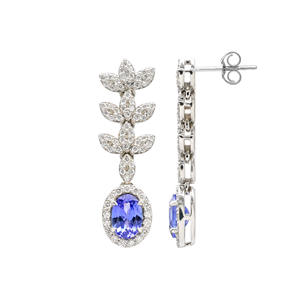 ต่างหูพร้อมส่ง ทองคำขาวแท้ 14k ประดับแทนซาไนต์ทรงรีขนาด 7x5 มม. คุณภาพระดับ SI พร้อมเพชรทรงรัศมี ดีไซน์หรูหรา - Product Image 1