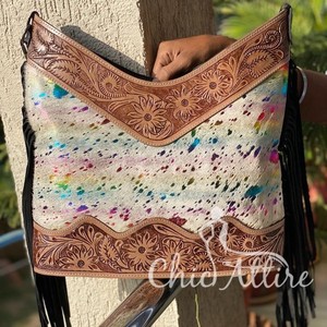New Real Hand Tooled Carving Metallic Fur Leather Boho Fringe Sling Bags Western Fashionable Women Tassel Shopping Handbags - Product Image 1