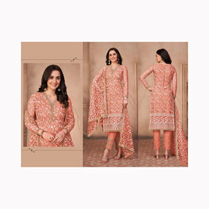 Ropa de fiesta de mujer india de longitud completa de diseñador, ropa de algodón y seda étnica bordada pesada, vestido indio de estilo pakistaní - Product Image 2