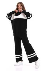 Haute qualité femmes tricots rayé fermeture éclair surdimensionné deux pièces ensemble tenue décontracté tenue de bureau pull pantalon ensemble - Product Image 2