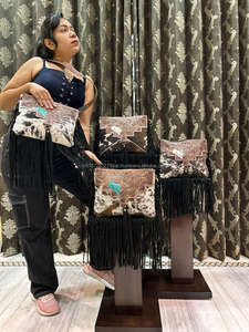 New Arrival Western Style Hand Tooled Cowhide Fur Leather Fringe Sling Bag Boho Women Style Unique Tooled Leather Crossbody Bags - Product Image 2