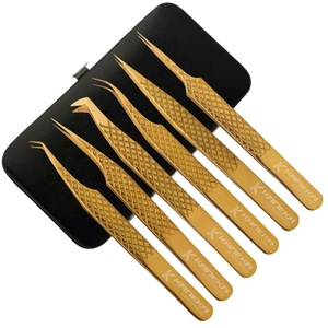 Pinzas de pestañas profesionales personalizadas de etiqueta privada Empuñaduras de diamante dorado para mujer Puntas de fibra de volumen recto Acero inoxidable - Product Image 1