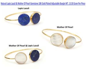 Lapislázuli natural hecho a mano y brazalete ajustable de piedras preciosas de nácar chapado en oro de 18 quilates regalo de moda para sus brazaletes finos - Product Image 2