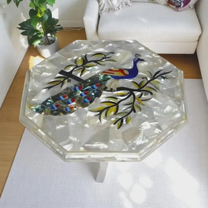 Table basse en marbre avec incrustation de nacre, art de la pierre dure, paon, table octogonale faite à la main pour le salon - Product Image 1