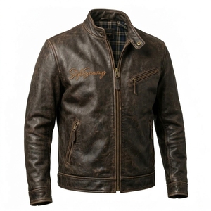 Chaqueta de Cuero Marrón Vintage para Hombre, Cuello Alto, Corte Ajustado, Cierre de Cremallera, Estilo Motero, Impermeable, Ropa Urbana - Product Image 3