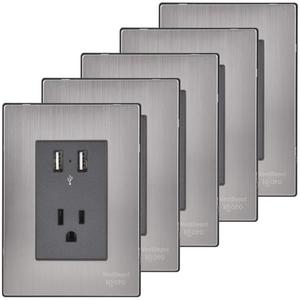 Connettore USB, MXIXO-005, 5 Pezzi, USBx2/Presa, 110/125-250VAC, 15A, 50/60Hz, 5VDC, 2.1A, Argento/Oxford, Acciaio Inox - Product Image 1