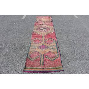Alfombra Kilim de área grande, color rojo y beige, 2,6x10,6 pies, tejido plano, lana turca con respaldo de látex para pasillo, habitación, pila de felpa rectangular - Product Image 1