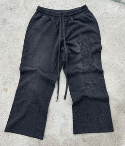Pantalon évasé personnalisé délavé à l'acide avec cordon de serrage 100% coton brodé taille lourde pantalon de survêtement avec strass - Product Image 3