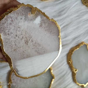 Natural White Agate <b>Coaster</b> <b>Gold</b> Plated Polished Gemstone Drink <b>Coaster</b> Luxury Home Decor Wedding Gift Wholesale Supplier - Product Image 2
