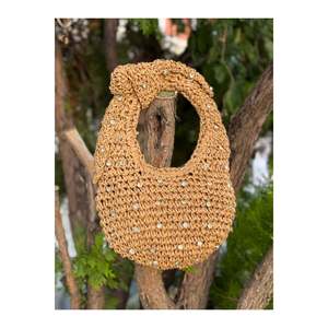 Stone Detailed Hand-Knitted Camel <b>Straw</b> <b>Bag</b> 18x24 Cm CNT1048 - 1022-camel - Product Image 1