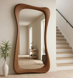 Miroir mural rond de style Art déco, léger, écologique, fait à la main, avec cadre en bois massif de noyer rustique - Product Image 3