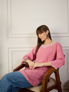 Hot Sale on Comfortable Short Kurti Viscose Rayon <b>Tunic</b> with Thread Embroidery Lightweight Ethnic Wear for <b>Work</b> At Best Price - Product Image 4