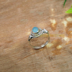 Natural Blue Chalcedony Gemstone 925 Sterling <b>Silver</b> Handmade <b>Beaded</b> Design Ring | Boho Vintage Style Jewelry for Women - Product Image 3