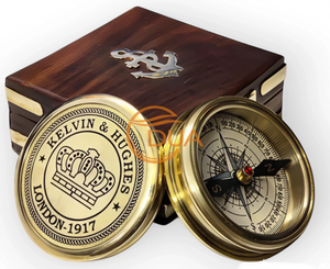 Vintage Kelvin Hughes 1917 brújula latón herramienta de navegación náutica Logotipo de corona caja de madera dura pulida puntero de bolsillo Londres Inglaterra - Product Image 6