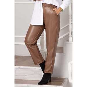 Pantalones Casuales de Cuero Color Bronceado con Cintura Elástica, Opciones de Cintura Alta y Media, Estilo Lápiz, Tela con Efecto Arrugado, Mezcla de PU - Product Image 4