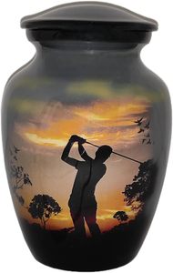 Petite urne de crémation en aluminium pour cendres humaines Belle conception de golfeur, couvercle à vis sécurisé, 6 pouces de haut, capacité 40 pouces cubes - Product Image 2