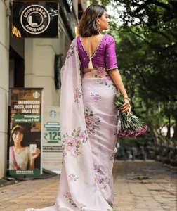 Evergreen Designer Outfit Style moderne Meilleur chemisier Saree en satin organza doux avec fabricant de travaux d'impression à la main de fleurs d'Inde - Product Image 6