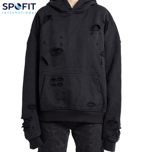 Sudaderas con capucha desgastadas lavadas con ácido de gran tamaño personalizadas de buena tela, sudaderas con capucha Vintage de gran tamaño rasgadas para hombres, venta al por mayor, peso pesado - Product Image 3