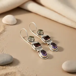 Boucles d'oreilles pendantes en argent 925 avec pierres précieuses pour femmes, bijoux tendance - Product Image 2