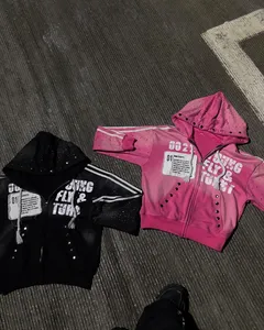 Y2k América Vintage lentejuelas Rhinestone bordado cremallera Sudadera con capucha hombres mujeres Punk gótico raya Patchwork moda sudadera sudaderas con capucha - Product Image 1