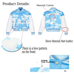 Nueva chaqueta universitaria sublimada personalizada con mangas de cuero y diseño de cielo estampado, chaqueta universitaria unisex de peso pesado y cálida para hombres - Product Image 1