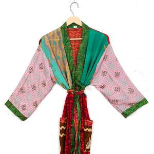 Indian Vintage Style Elegant Recycled Patchwork Sari <b>Kimono</b> Maternity Gown Women's 100% <b>Silk</b> Front V-neck Home Use Beachwear - Product Image 2