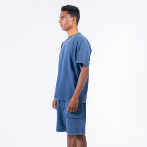 2024 personnalisé hommes été lavage à l'acide short de survêtement séchage rapide taille élastique poches bleu imprimé tissu éponge ensemble de t-shirts décontractés - Product Image 5