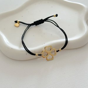 Adjustable Bohemian Black Cord <b>Bracelet</b> with Four-Leaf Clover <b>Charm</b> Beaded Stainless Steel Jewelry featuring Pearl Main Stone - Product Image 4