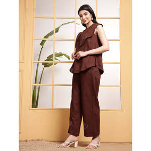 Deebaco Women's Brown <b>Linen</b> Cotton Sleeveless <b>Top</b> With Embroidered Pants Co-Ord Set Casual Spring Summer Loose Fit Two Piece Set - Product Image 4