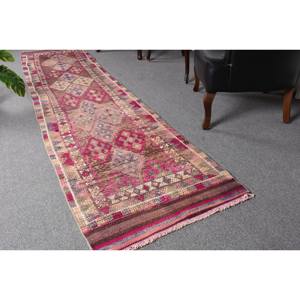 Vintage 2.6ft X 11.7ft alfombra turca clásica área grande rectángulo pasillo patrón diseño abstracto Rosa marrón lana Material látex - Product Image 1