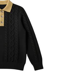 Customized Mens Cable Knit Polo Sweater <b>Long</b> Sleeve Button Neck Contrast Collar Winter Pullover <b>Top</b> In Classic <b>Black</b> - Product Image 4