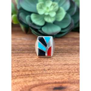 Navajo Handcrafted <b>Turquoise</b> & Opal Sterling Silver Inlay <b>Ring</b> for Men Size 9.5 Rhodium Plated Fine Jewelry - Product Image 1