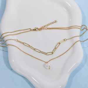 Double Chain Pearl <b>Necklace</b> Dainty Layered <b>Necklace</b> 925 Sterling Silver 14K <b>Gold</b> Plated Paperclip Irregular Pearl - Product Image 6