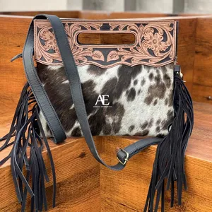Hand Tooled Cowhide Fur Leather Fringe Handbag Stylish Women Colorful Tooled Leather Sling Bag Ideal Top Handle Crossbody Bags