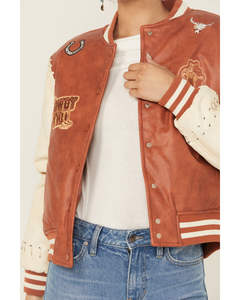 แจ็กเก็ตเบสบอลหนังแท้ขนาดใหญ่สำหรับผู้หญิงแจ็คเก็ตลำลองใช้ได้ทั้งชายและ Y2K โลโก้ออกแบบได้ตามต้องการ - Product Image 4