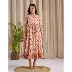 Robe longue Angrakha imprimée jaune crème avec jupe évasée, vêtements indiens et pakistanais - Product Image 4